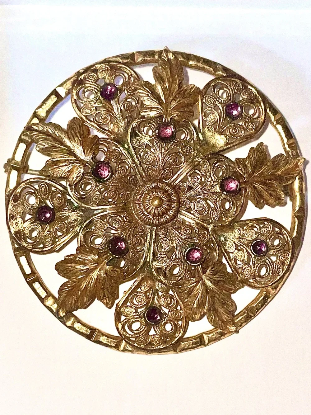 Vintage 1930s Art Deco Brass Filigree Brooch Pin with Purple Glass Rhinestones
